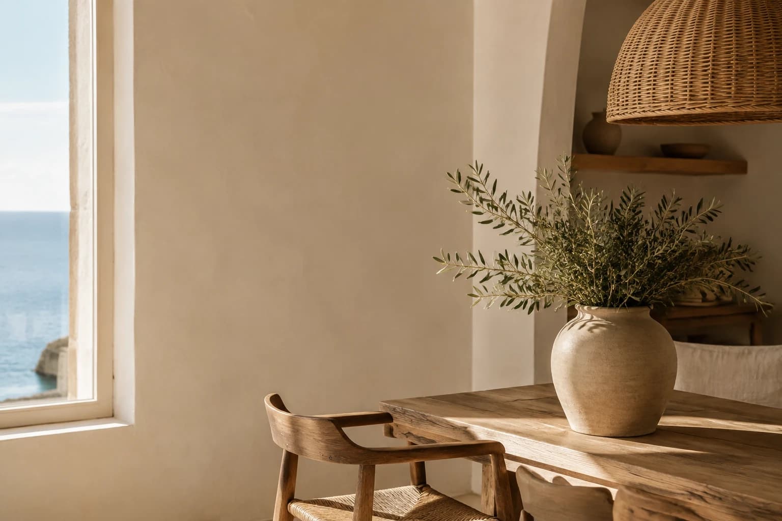 Interior mediterráneo con cerámica, lino y fibras naturales bajo la luz de Mallorca