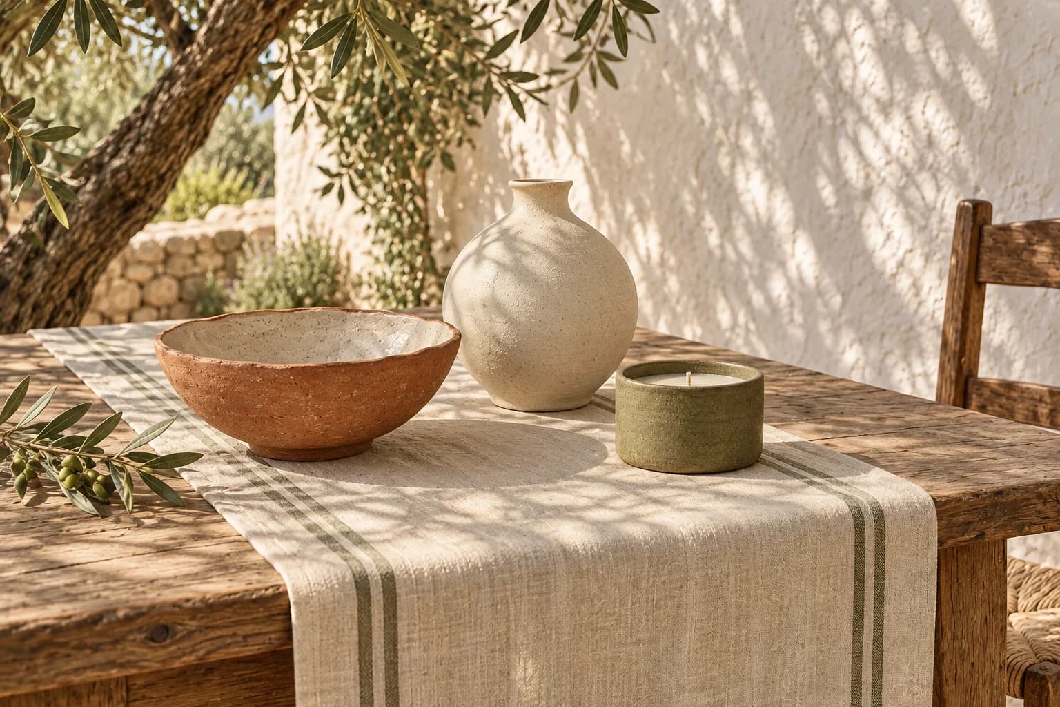 Mesa mediterránea con camino de lino, cerámica y una vela bajo un olivo